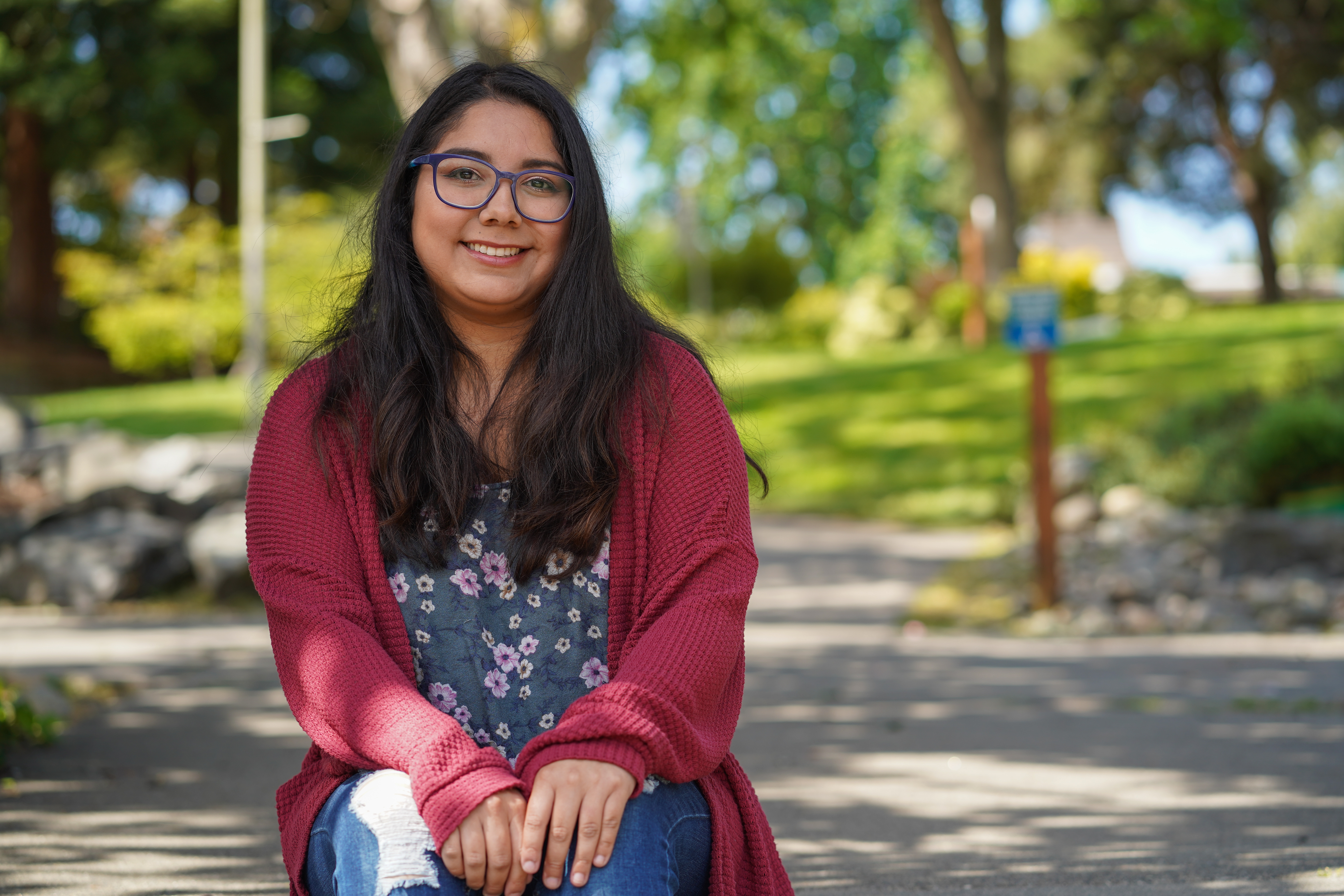 Jennifer Brown sitting on Shoreline Community College Campus
